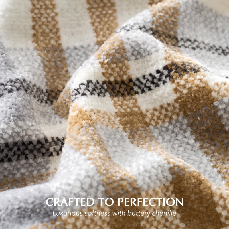 EverGrace Plaid Chenille Throw Blanket for Couch, Super Soft Cozy Decorative Farmhouse Plaid Throw with Tassels, Lightweight Chenille Knit Throw for Bed Sofa Gift Home Decor, Grey & Beige 50"x60" - Image 3