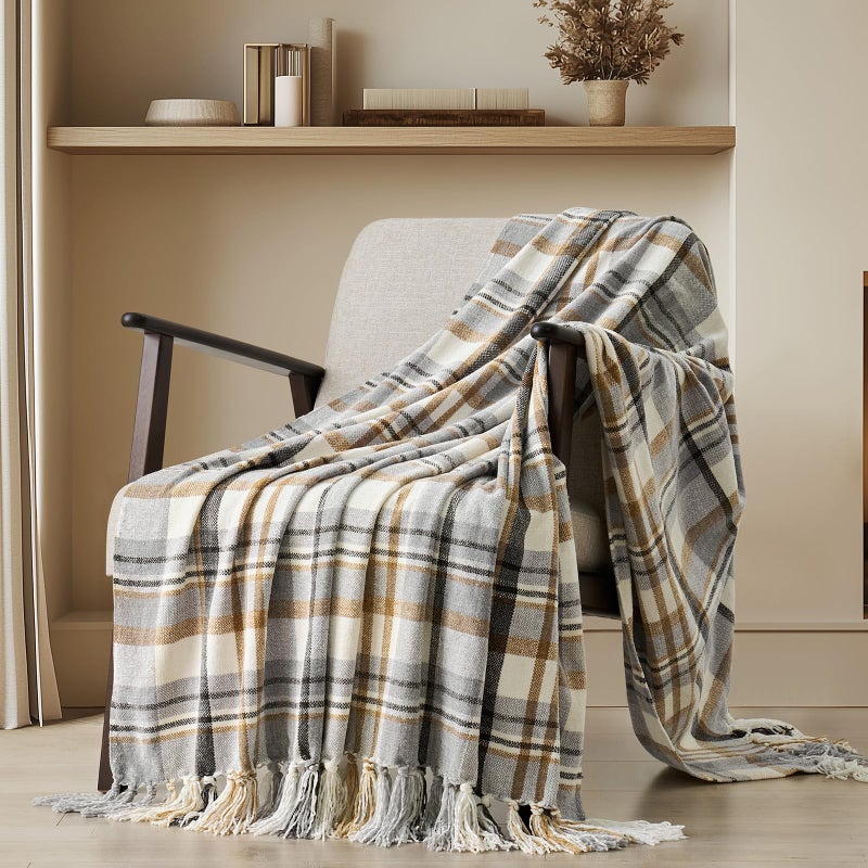 EverGrace Plaid Chenille Throw Blanket for Couch, Super Soft Cozy Decorative Farmhouse Plaid Throw with Tassels, Lightweight Chenille Knit Throw for Bed Sofa Gift Home Decor, Grey & Beige 50"x60" - Image 1