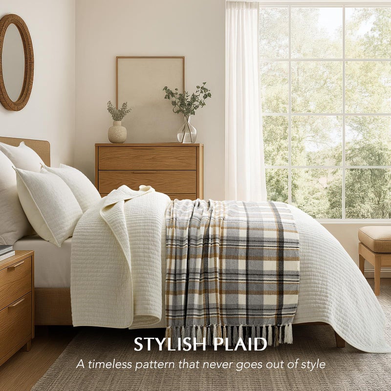 EverGrace Plaid Chenille Throw Blanket for Couch, Super Soft Cozy Decorative Farmhouse Plaid Throw with Tassels, Lightweight Chenille Knit Throw for Bed Sofa Gift Home Decor, Grey & Beige 50"x60" - Image 2