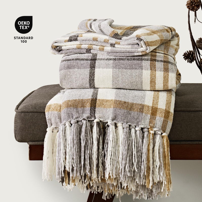 EverGrace Plaid Chenille Throw Blanket for Couch, Super Soft Cozy Decorative Farmhouse Plaid Throw with Tassels, Lightweight Chenille Knit Throw for Bed Sofa Gift Home Decor, Grey & Beige 50"x60" - Image 4