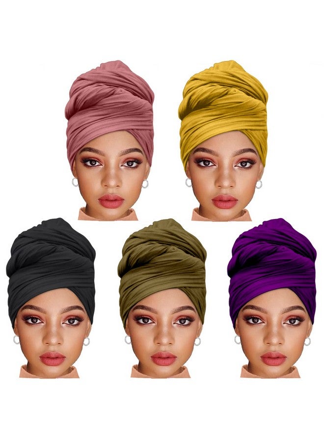 ZRQ ZRQ 5 Pieces Stretch Jersey Turban Fashion Headband Soft Breathable Long Scarf Lightweight and Comfortable Tie Head Wraps for Black Women (Black, Army Green, Dark Pink, Dark Purple, Turmeric)  - Image 1