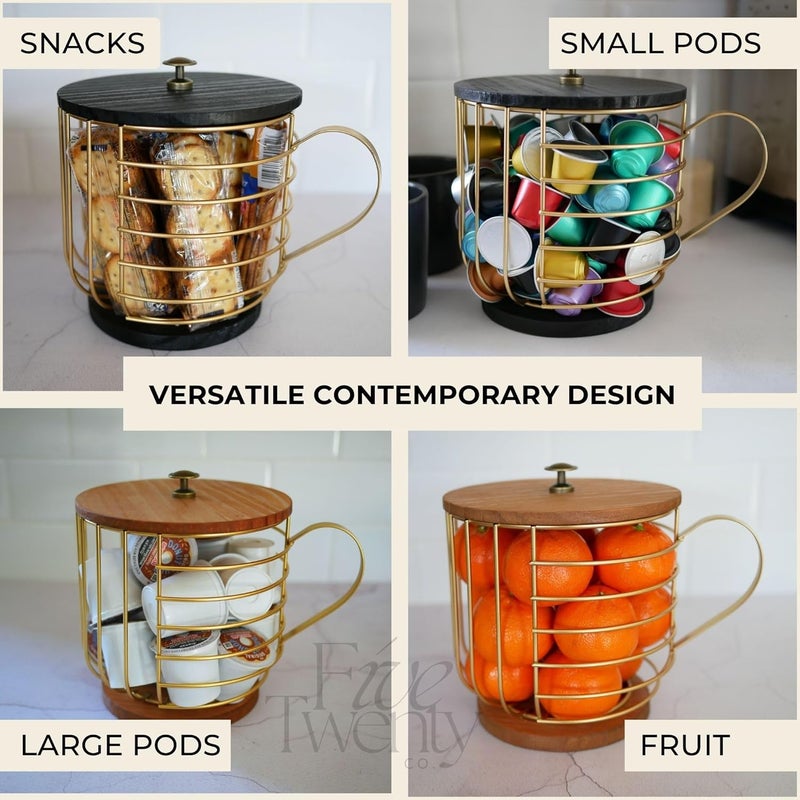 FIVE TWENTY CO. Coffee Pod Holder - Compatible with Nespresso Vertuo Pods and Capsules - Gold Metal K Cup Holder - Cute Coffee Pod Basket w/ Wooden Base & Lid - Coffee Pod Storage - Coffee Bar Decor - Image 5