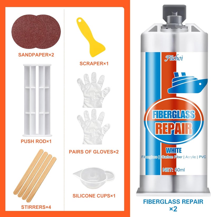 Fuchoi Fiberglass Repair Kit, 100ml White Gel Coat Repair Kit for Boats, Marine Fiberglass Resin Kit for Fixing Holes, Chips, Cracks in Boats, Yacht, Surfboard, Acrylic, Porcelain, Ceramic, Fiberglass Filler Lightweight - Image 2