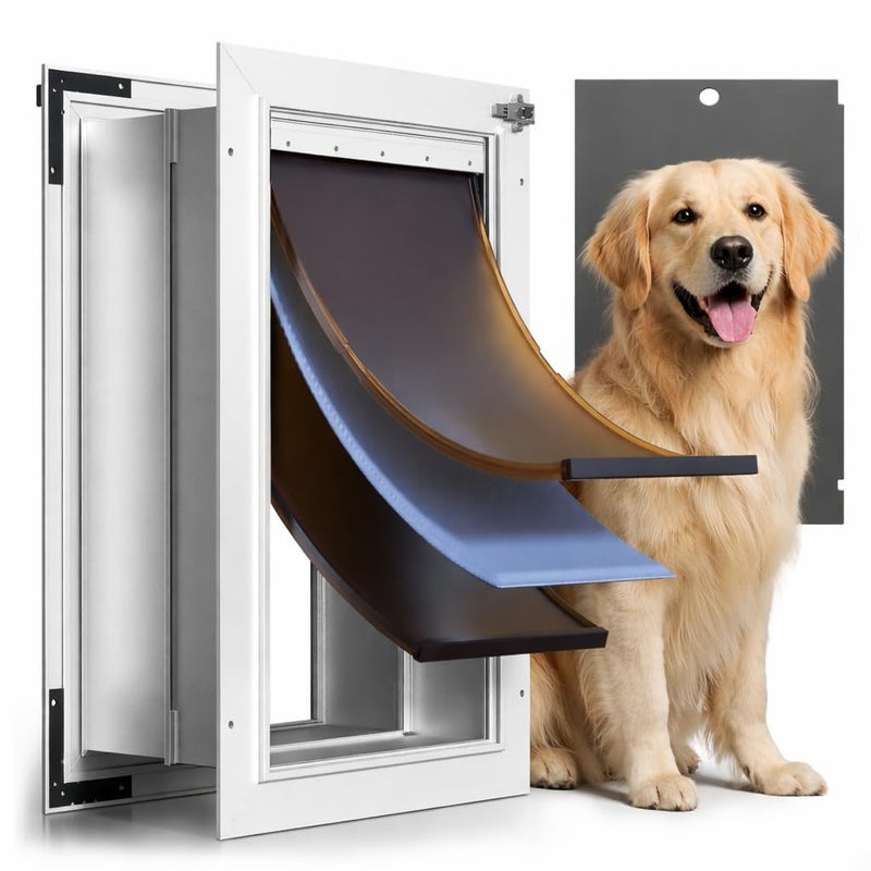 PETCOMING 3-Flap Insulated Aluminum Dog Door for Walls, Heavy-Duty Telescoping Pet Door with Dual Security Locks & Magnetic Flaps, Closing Panel, Large, Pets Up to 110 LB - Image 1