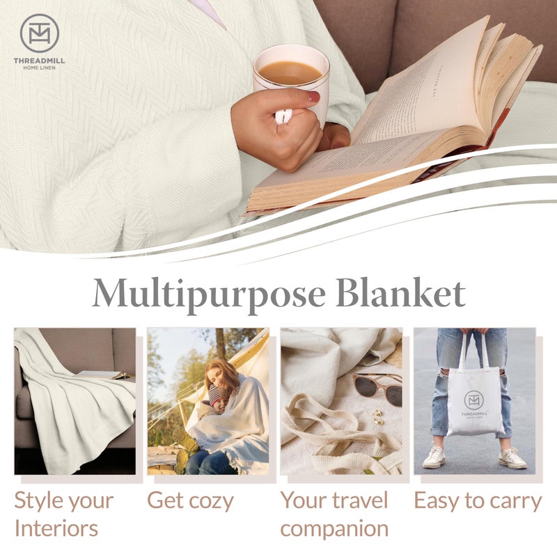Threadmill Luxury Cotton Blankets for Queen Size Bed | All-Season 100% Cotton Queen Size Blanket | Herringbone Cozy, Soft Breathable Fall Thermal Blanket fits Full Size Bed | Tusk White - Image 2