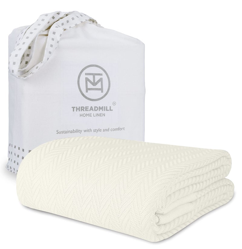 Threadmill Luxury Cotton Blankets for Queen Size Bed | All-Season 100% Cotton Queen Size Blanket | Herringbone Cozy, Soft Breathable Fall Thermal Blanket fits Full Size Bed | Tusk White - Image 1