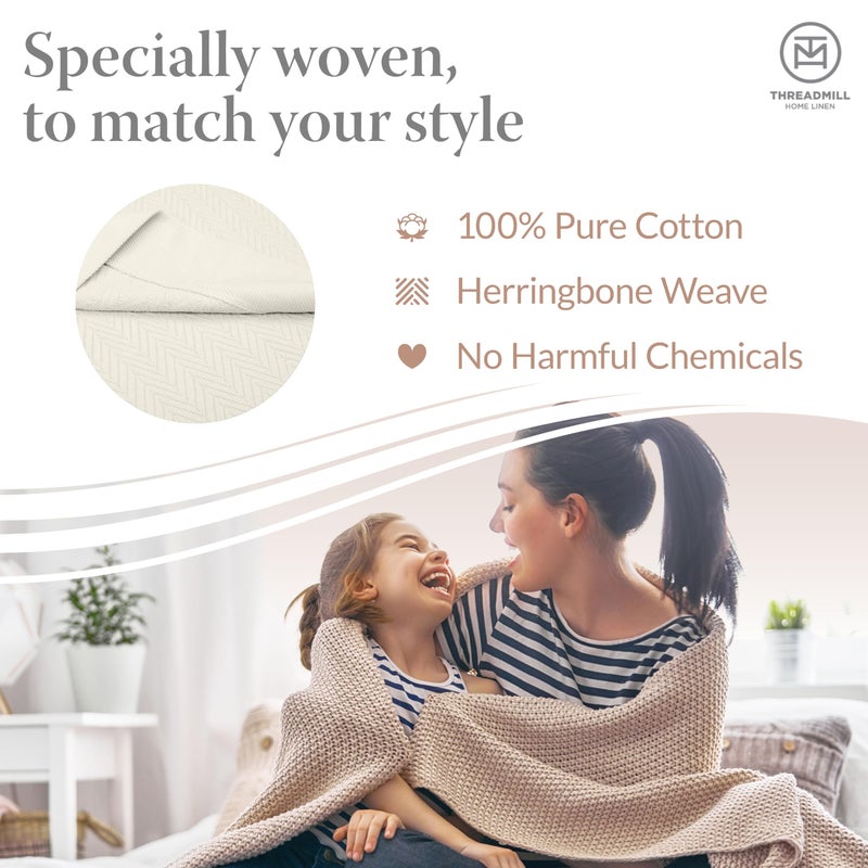Threadmill Luxury Cotton Blankets for Queen Size Bed | All-Season 100% Cotton Queen Size Blanket | Herringbone Cozy, Soft Breathable Fall Thermal Blanket fits Full Size Bed | Tusk White - Image 3