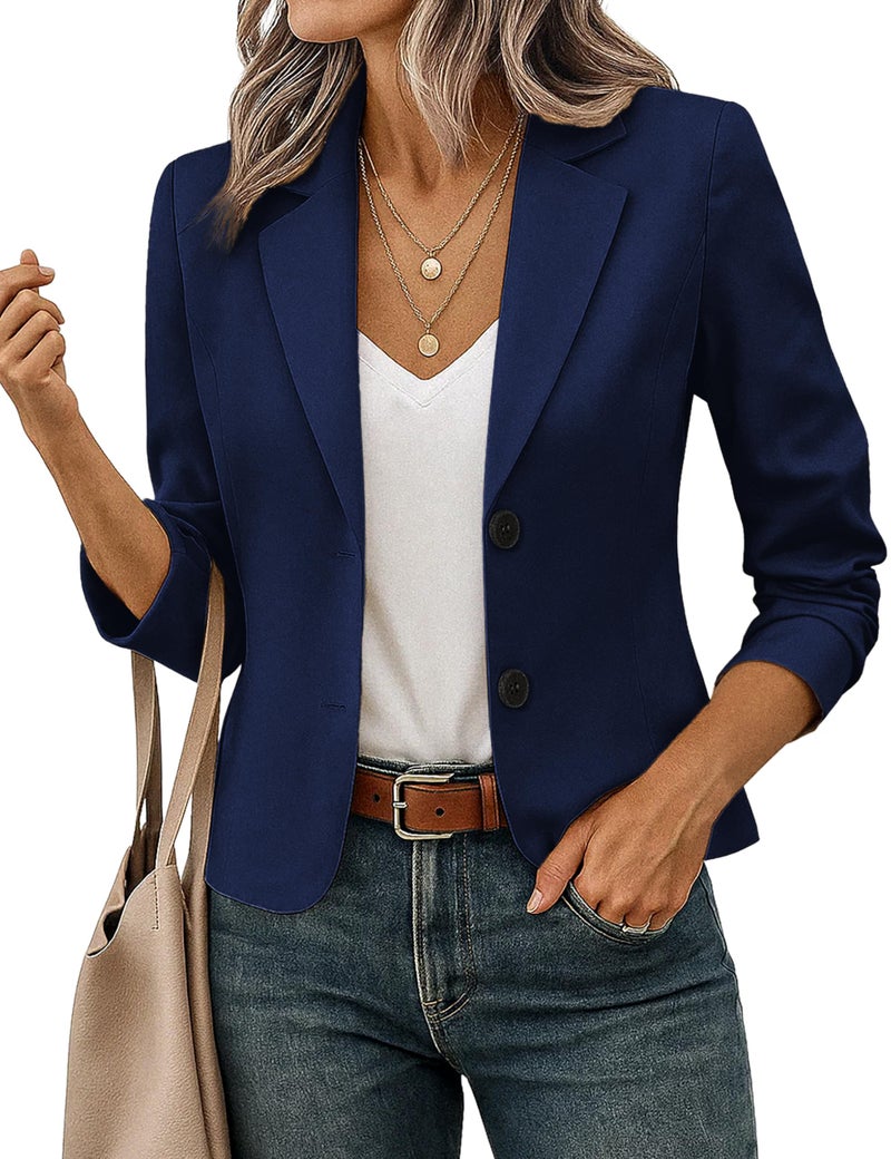 FOLUNSI Women's Business Casual Cropped Blazer Long Sleeve Work Office Suit Jacket with Fully Lined Navy Blue, X-Large - Image 1