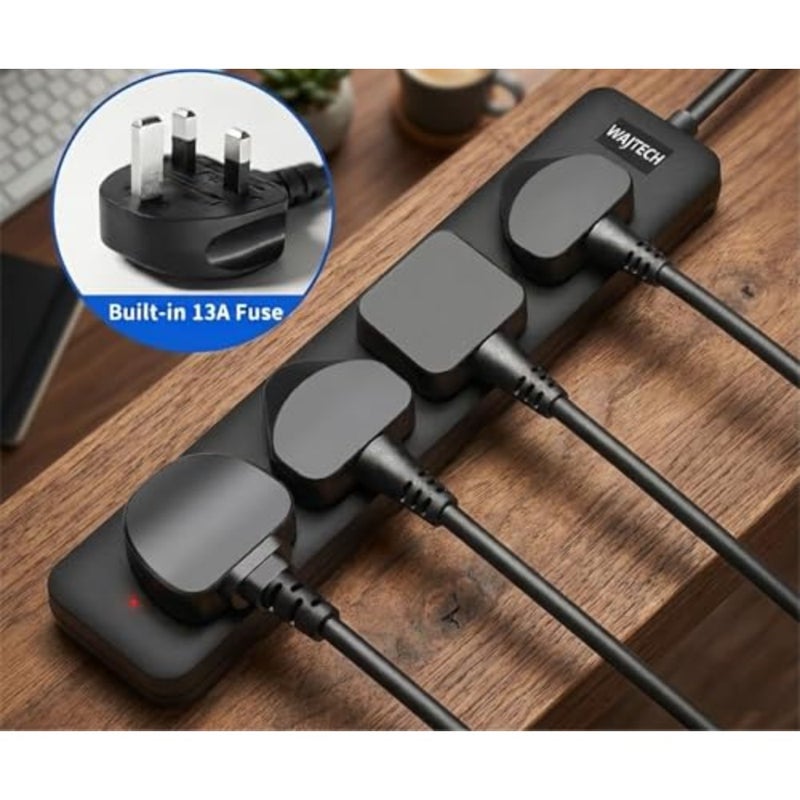 المملكة المتحدة تمديد الرصاص 4 طريقة التوصيل المقبس موسع 13A 250V 3250W سلك التمديد، 3 متر الحبل الثقيلة قطاع الطاقة متعدد التوصيل شريط محول للمنزل والمطبخ والحديقة الأسود - Image 3