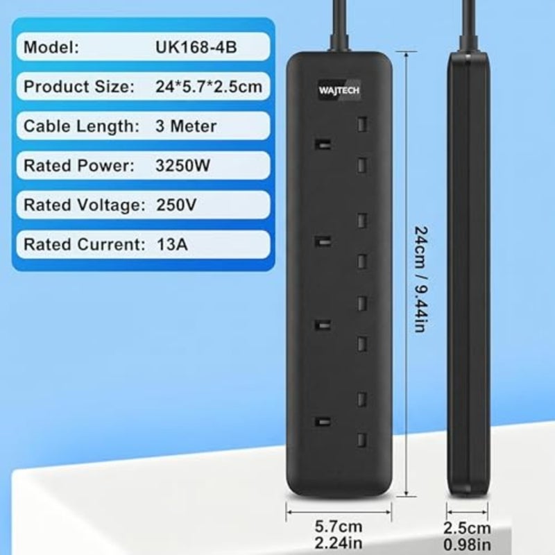 المملكة المتحدة تمديد الرصاص 4 طريقة التوصيل المقبس موسع 13A 250V 3250W سلك التمديد، 3 متر الحبل الثقيلة قطاع الطاقة متعدد التوصيل شريط محول للمنزل والمطبخ والحديقة الأسود - Image 2