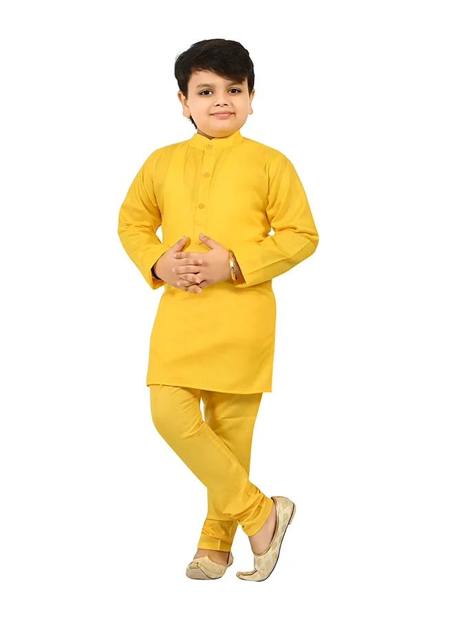 BT DEZINES Boys Yellow Kurta Pyjama Waistcoat Set