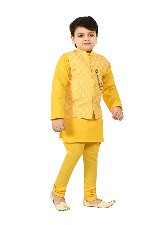 BT DEZINES Boys Yellow Kurta Pyjama Waistcoat Set
