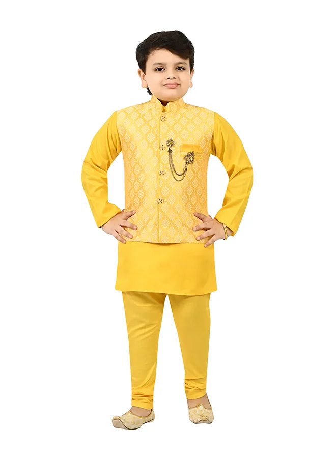BT DEZINES Boys Yellow Kurta Pyjama Waistcoat Set
