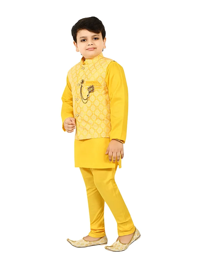 BT DEZINES Boys Yellow Kurta Pyjama Waistcoat Set