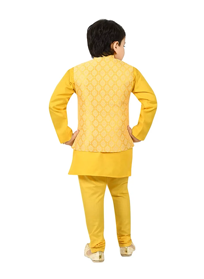 BT DEZINES Boys Yellow Kurta Pyjama Waistcoat Set