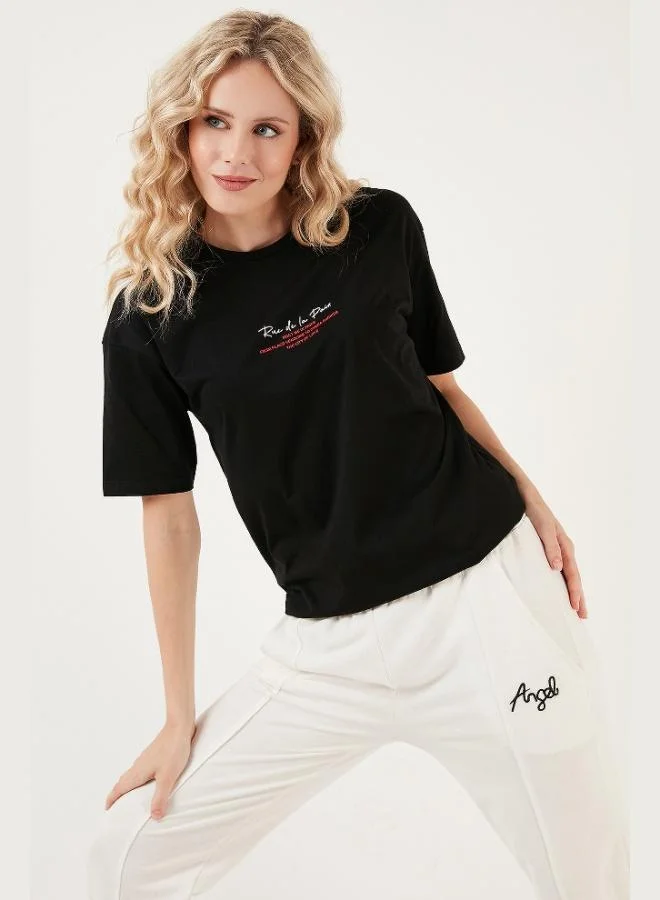 Lela Lela Written Detailed Cotton Oversize Crew Neck T-Shirt Women's T-SHIRT 541RUEDELA