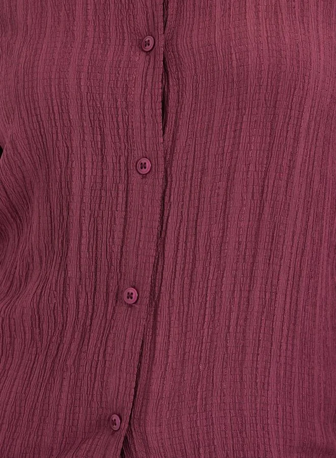 Styli Women Burgundy Textured Linen Long Sleeve Shirt