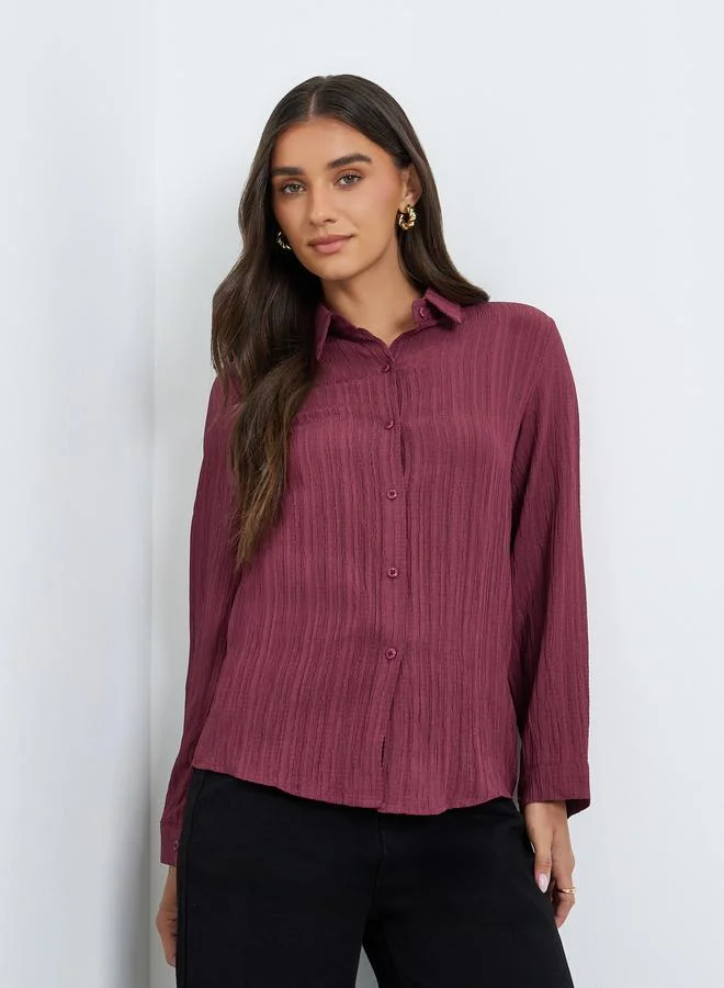 Styli Women Burgundy Textured Linen Long Sleeve Shirt
