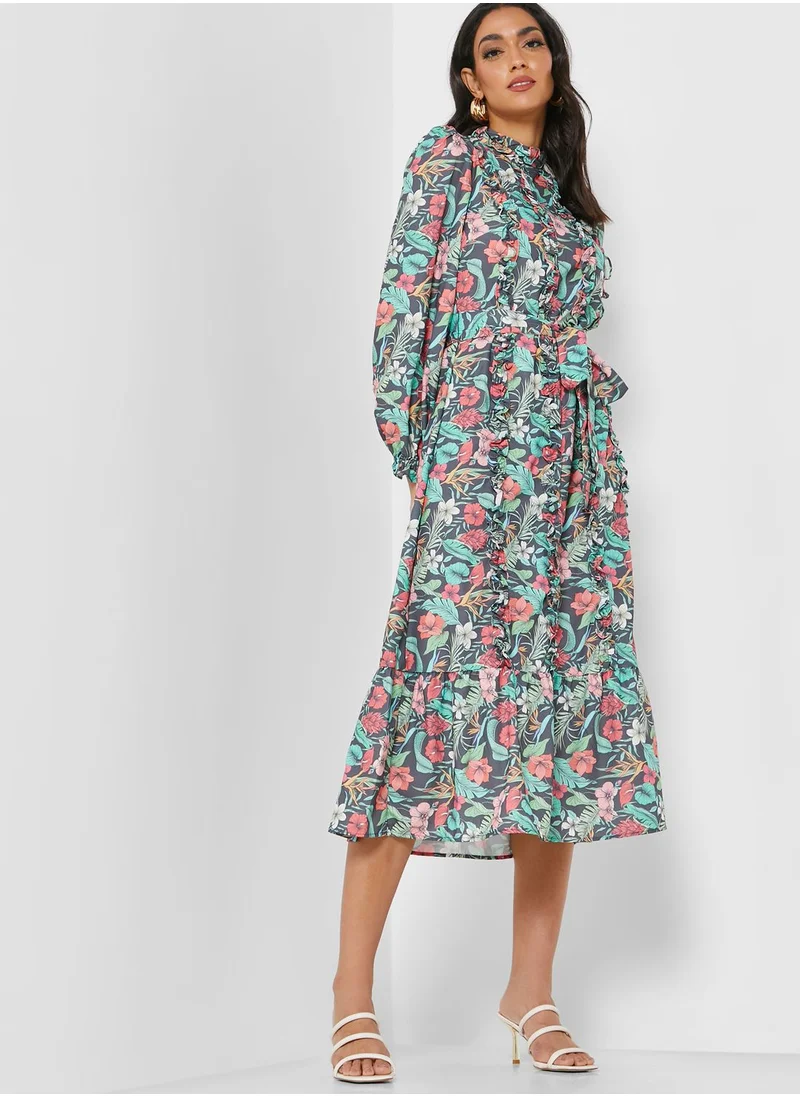 Raishma Balloon Sleeve Floral Print Dress