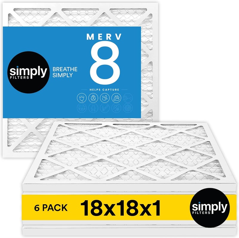 SIMPLY 18x18x1 Air Filter, Merv 8, 6 Pack, For Home AC Furnace & HVAC (Actual Size: 17.75"x17.75"x0.75") DUST, Pet, & Allergy Control - Image 1