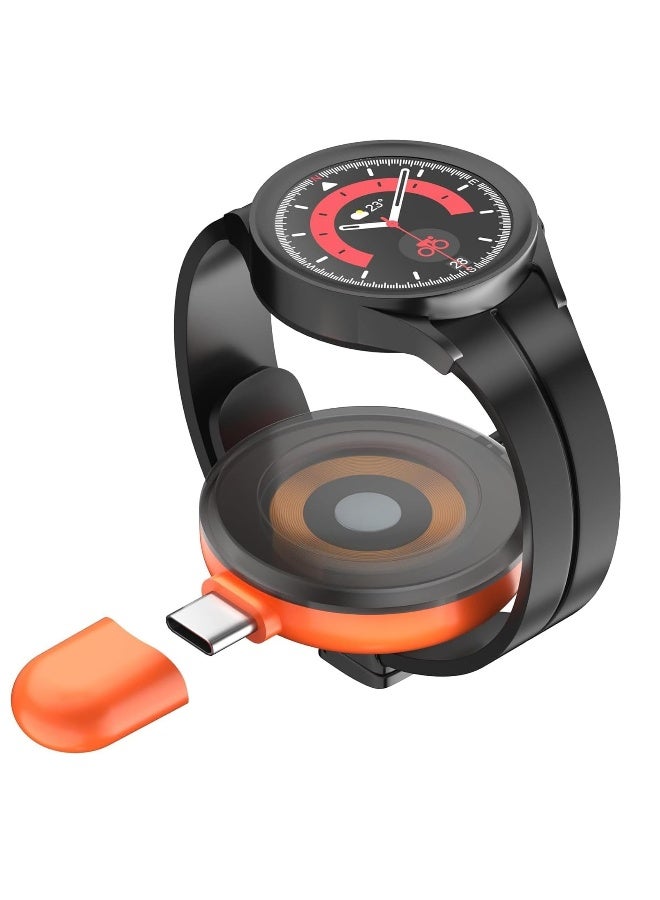 شاحن محمول USB C للساعات، جالاكسي 6 كلاسيك/6/5 برو/5/4/4 كلاسيك/3/أكتيف 2 (بدون جير 2/3) شواحن لاسلكية مغناطيسية للسفر شحن سريع (برتقالي) - Image 1