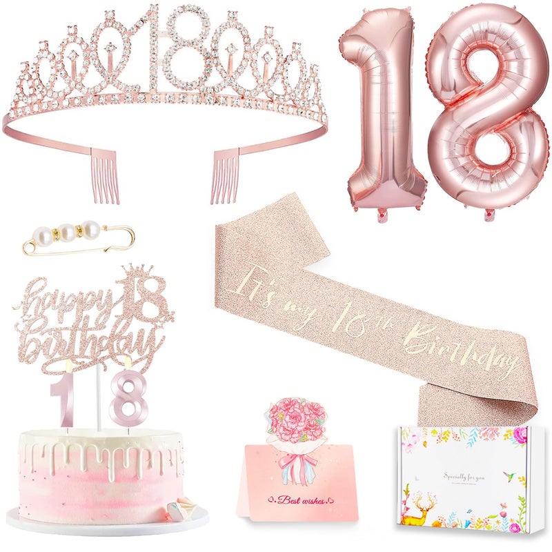 Awfrky 18th birthday decorations for girls Including 18th Happy Birthday Gifts Queen Sash with Pearl Pin Sweet Rhinestone Tiara Crown Cake Toppers Number Candles and Balloons Set Rose Gold - Image 2