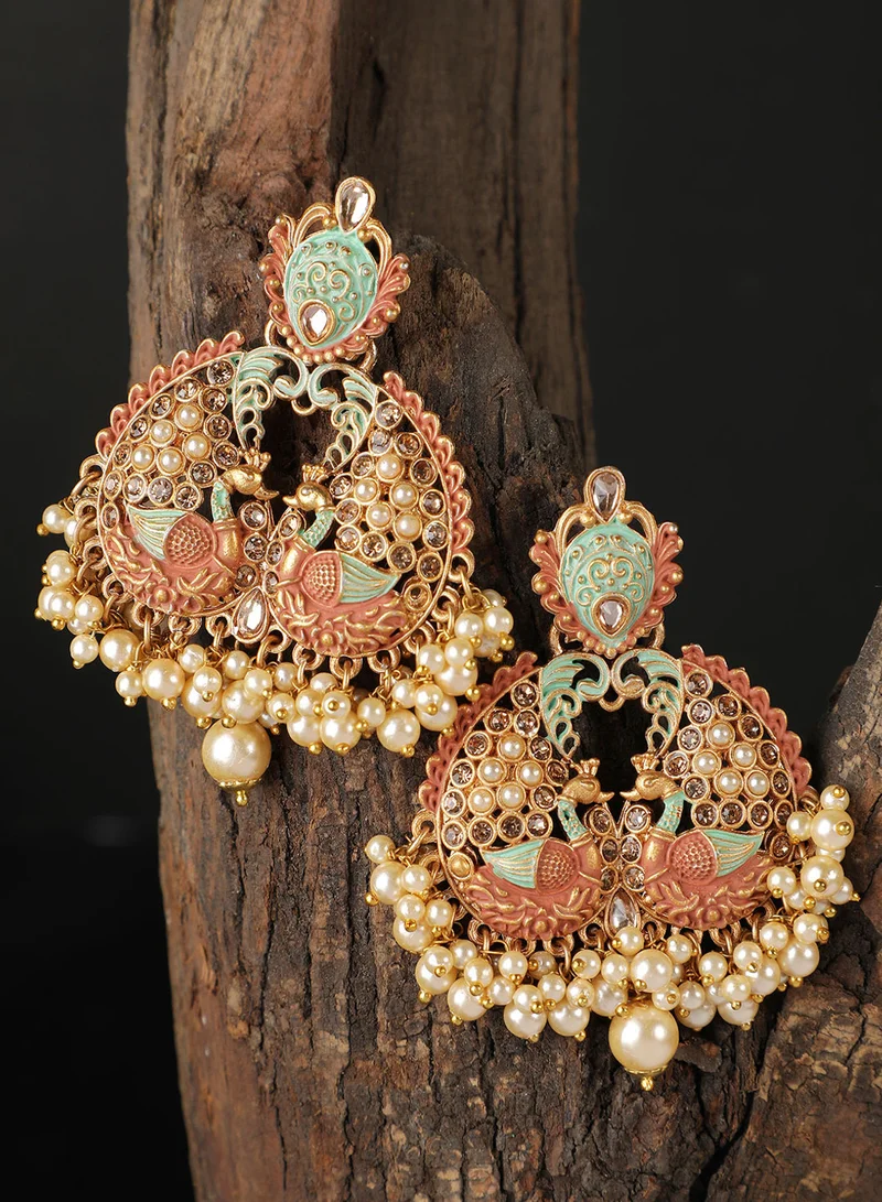 ISHIN  Gold-Toned Peacock Shaped Drop Earrings for Women | Best Price UAE