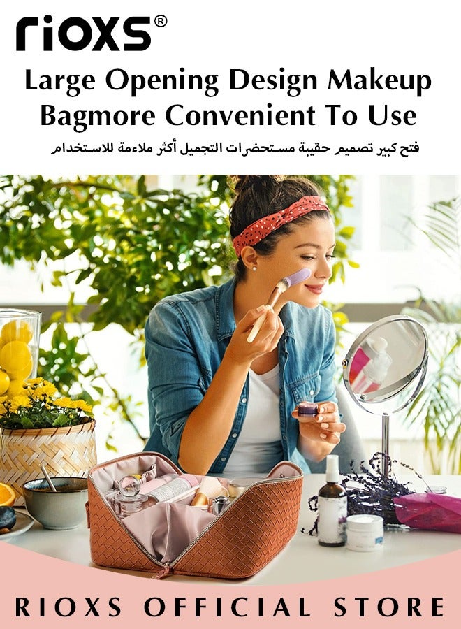 ريوكس حقيبة مستحضرات تجميل كبيرة السعة للسفر، حقيبة مكياج جلدية بمقبض، حقيبة أدوات زينة محمولة مقاومة للماء، منظم مكياج متعدد الوظائف مع جيوب داخلية منفصلة للتخزين المنظم، 24*11*12 سم - Image 5