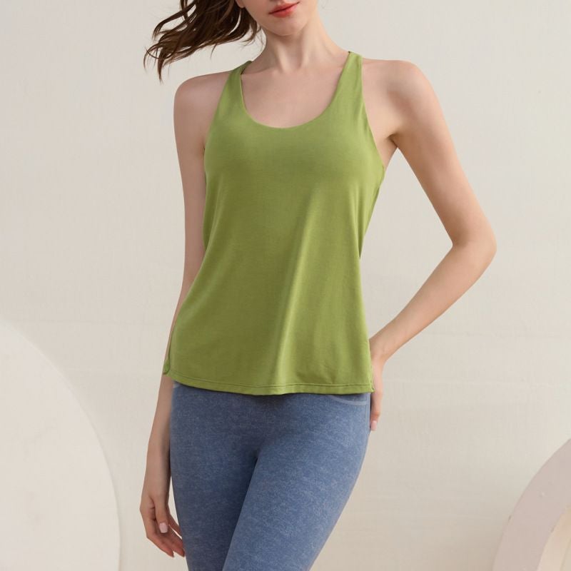 Generic Fake Two-piece Fitness Vest Womens Chest Pad Sports Top Running Cross-back Yoga Clothes Sleeveless T-shirt Green 
