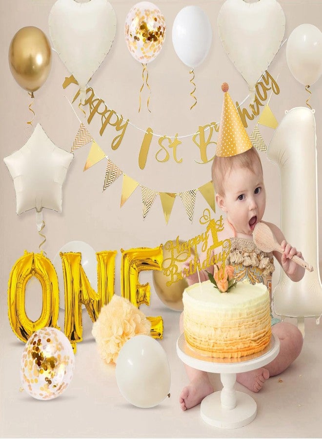 زينة عيد الميلاد الأول للأولاد والبنات، بالونات عيد ميلاد رقم 1 باللون الأبيض والذهبي والرملي مع لافتة "عيد ميلاد سعيد الأول"، بالونات فويل لتزيين كعكة عيد ميلاد الطفل البالغ من العمر عامًا واحدًا - Image 3