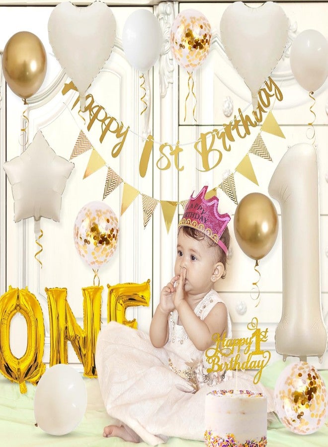 زينة عيد الميلاد الأول للأولاد والبنات، بالونات عيد ميلاد رقم 1 باللون الأبيض والذهبي والرملي مع لافتة "عيد ميلاد سعيد الأول"، بالونات فويل لتزيين كعكة عيد ميلاد الطفل البالغ من العمر عامًا واحدًا - Image 5