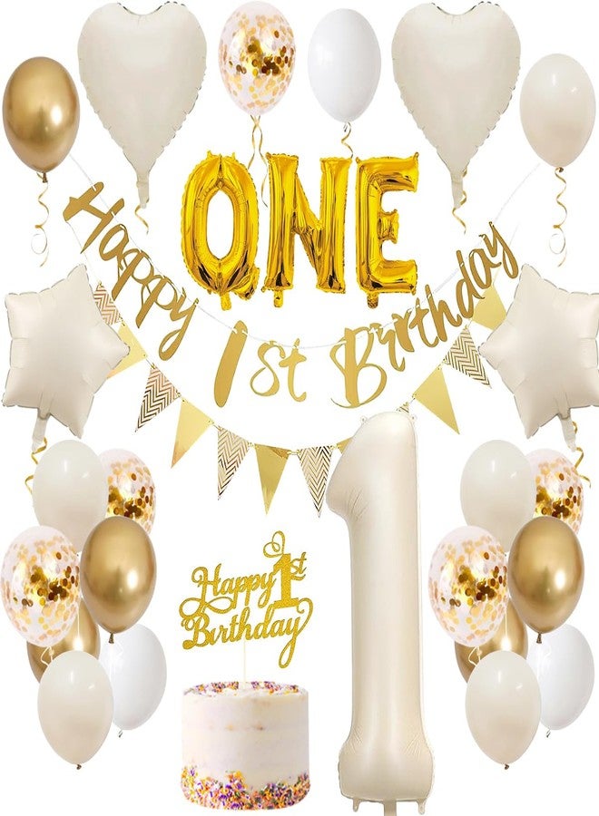 زينة عيد الميلاد الأول للأولاد والبنات، بالونات عيد ميلاد رقم 1 باللون الأبيض والذهبي والرملي مع لافتة "عيد ميلاد سعيد الأول"، بالونات فويل لتزيين كعكة عيد ميلاد الطفل البالغ من العمر عامًا واحدًا - Image 1