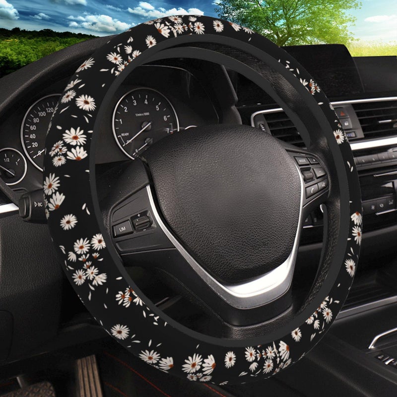 KARREAL Black and White Daisies Elastic Steering Wheel Cover, Non-Slip Breathable Neoprene Steering Wheel Covers, Women Pink Car Accessories, Universal 15 Inch Fit Auto, Suvs, Truck - Image 1