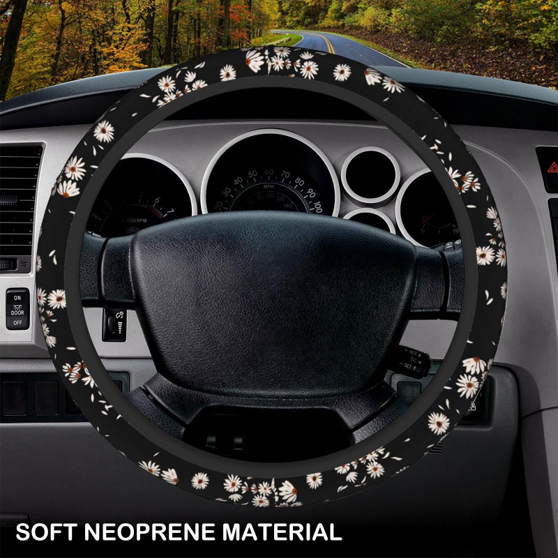 KARREAL Black and White Daisies Elastic Steering Wheel Cover, Non-Slip Breathable Neoprene Steering Wheel Covers, Women Pink Car Accessories, Universal 15 Inch Fit Auto, Suvs, Truck - Image 3