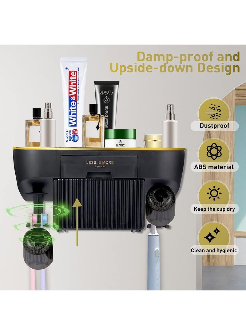 DANIM Toothbrush Holder Bathroom Organizer Cosmetic Storage Rack Shower caddy with Drawer Tissue Box & 2 Cups Multifunctional Wall Mounted Black - Image 3