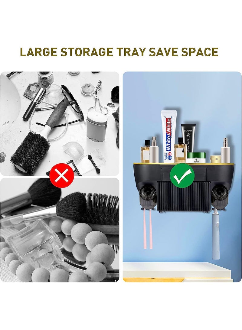DANIM Toothbrush Holder Bathroom Organizer Cosmetic Storage Rack Shower caddy with Drawer Tissue Box & 2 Cups Multifunctional Wall Mounted Black - Image 2
