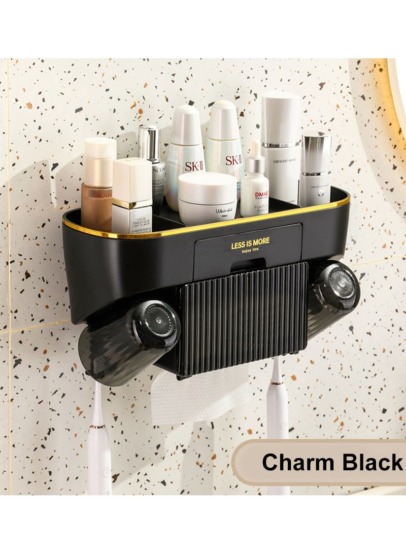 DANIM Toothbrush Holder Bathroom Organizer Cosmetic Storage Rack Shower caddy with Drawer Tissue Box & 2 Cups Multifunctional Wall Mounted Black - Image 1