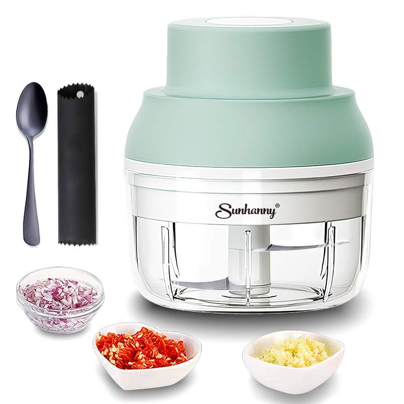 Sunhanny Electric Garlic Chopper Mini, Garlic Masher Crusher, Food Processor Small with Garlic Peeler And Spoon (100ML/3.3FL OZ, Green) 3.1 * 3.1 * 3.9 IN - Image 1