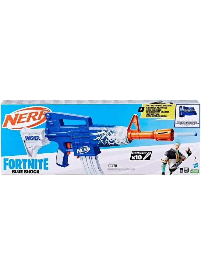 نيرف Nerf Fortnite Blue Shock Blaster, 10-Dart Clip, 10 Elite Nerf Darts, Includes Bonus Code To Unlock The Beat Wrap in the Game, Motorized Dart Blaster