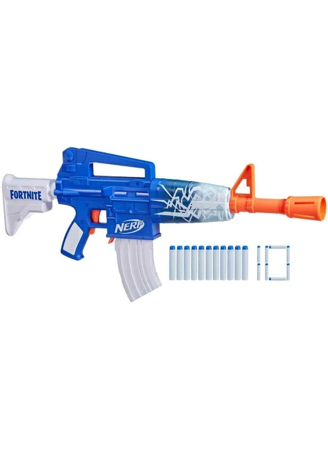 نيرف Nerf Fortnite Blue Shock Blaster, 10-Dart Clip, 10 Elite Nerf Darts, Includes Bonus Code To Unlock The Beat Wrap in the Game, Motorized Dart Blaster