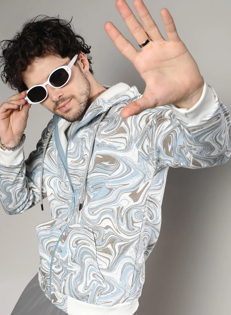 Campus Sutra Men's Icy Blue & Olive Green Contrast Fluid Zip Front Hoodie For Casual Wear | Hooded Neck | Long Sleeve | Zipper Closure | Cotton Sweatshirt Crafted With Comfort Fit For Everyday Wear