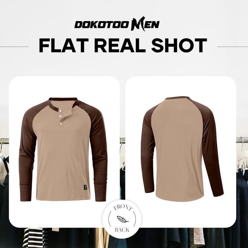 Dokotoo Men Men's T-Shirts Henley Shirt Fall Casual Crewneck Color Block Slim Fit Long Sleeve Button Up Shirt Tees for Men Khaki Medium - Image 3