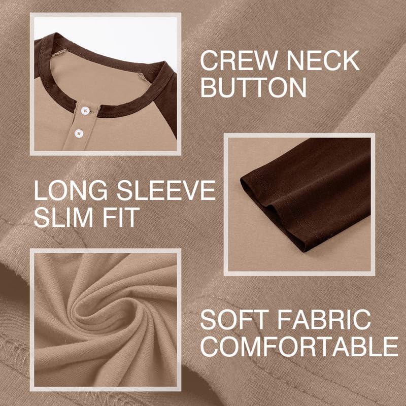 Dokotoo Men Men's T-Shirts Henley Shirt Fall Casual Crewneck Color Block Slim Fit Long Sleeve Button Up Shirt Tees for Men Khaki Medium - Image 2