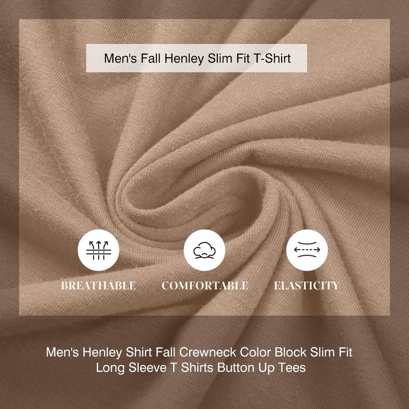Dokotoo Men Men's T-Shirts Henley Shirt Fall Casual Crewneck Color Block Slim Fit Long Sleeve Button Up Shirt Tees for Men Khaki Medium - Image 4