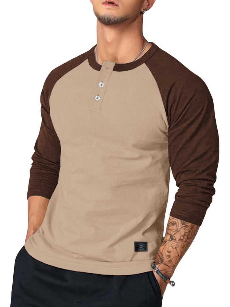 Dokotoo Men Men's T-Shirts Henley Shirt Fall Casual Crewneck Color Block Slim Fit Long Sleeve Button Up Shirt Tees for Men Khaki Medium - Image 1