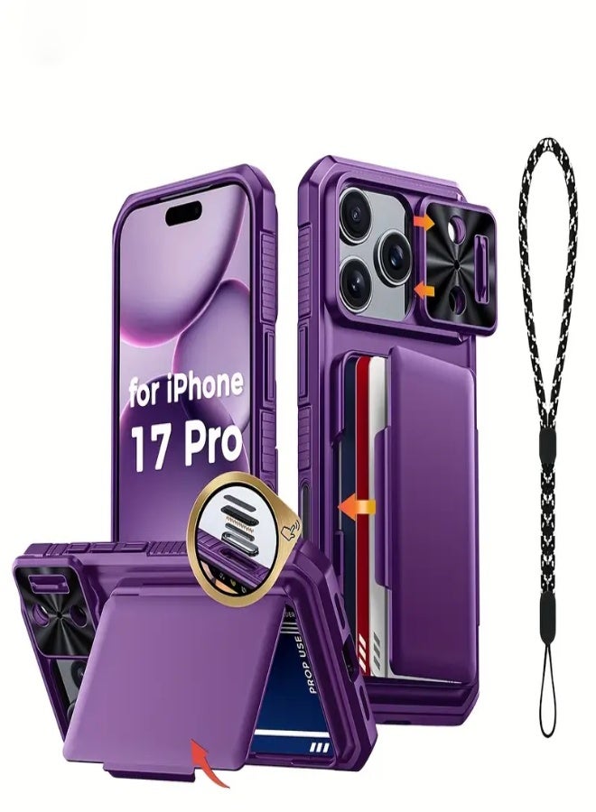 AROAQ Case for iPhone 17 Pro – Wallet Cover with Lanyard, Built-in Card Holder (4-5 Cards), Slide Lens Camera Cover & Capture Button, Retro Durable Protective Case - Purple - Image 1