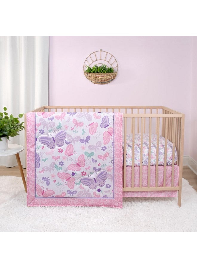 The Peanut Shell مجموعة بيبي سرير 3 قطع من ذا بيناتشيل للفتيات - مجموعة ديكور سرير حديثي الولادة، الرضع والأطفال مع ملاءة سرير مناسبة، غطاء مريح مع كشكش - أغنية الفراشة - Image 1