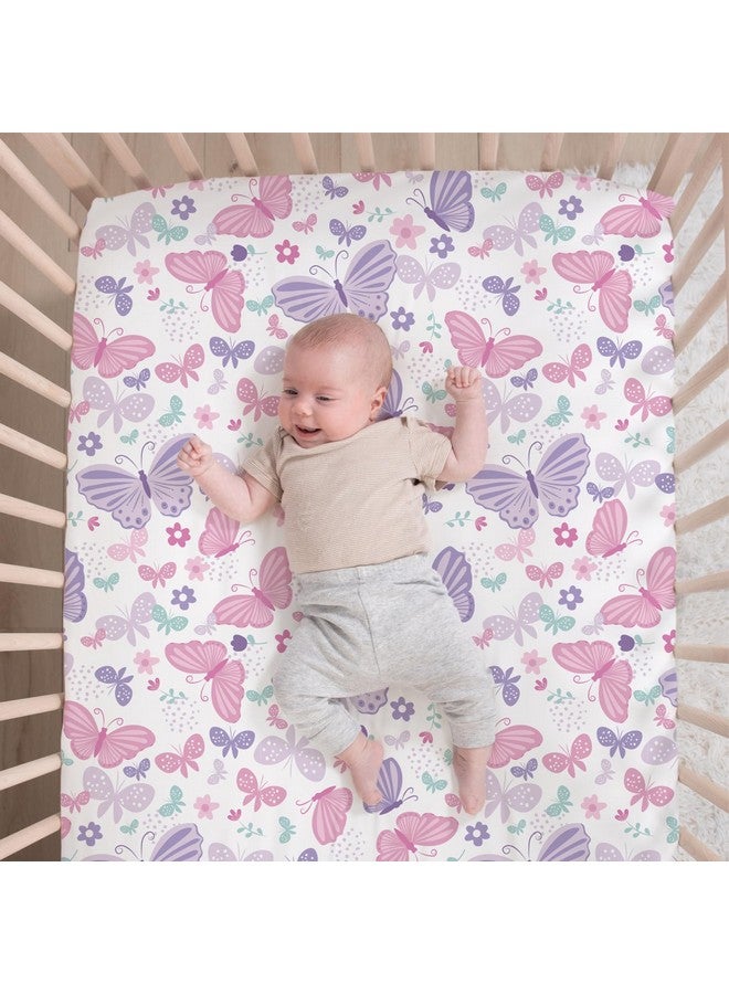 The Peanut Shell مجموعة بيبي سرير 3 قطع من ذا بيناتشيل للفتيات - مجموعة ديكور سرير حديثي الولادة، الرضع والأطفال مع ملاءة سرير مناسبة، غطاء مريح مع كشكش - أغنية الفراشة - Image 3