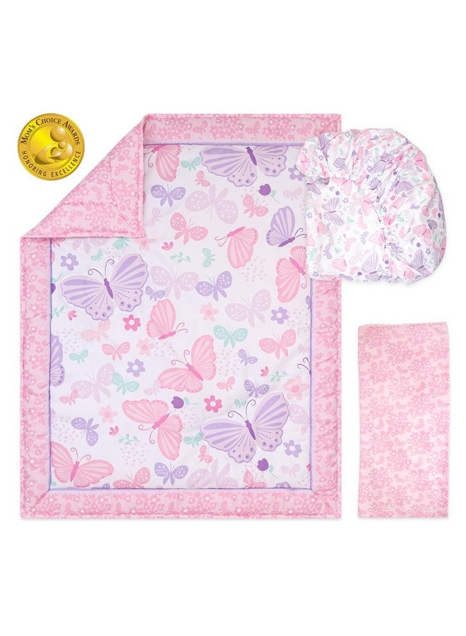 The Peanut Shell مجموعة بيبي سرير 3 قطع من ذا بيناتشيل للفتيات - مجموعة ديكور سرير حديثي الولادة، الرضع والأطفال مع ملاءة سرير مناسبة، غطاء مريح مع كشكش - أغنية الفراشة - Image 2