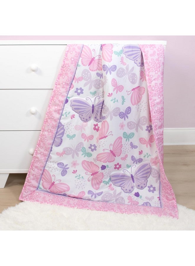 The Peanut Shell مجموعة بيبي سرير 3 قطع من ذا بيناتشيل للفتيات - مجموعة ديكور سرير حديثي الولادة، الرضع والأطفال مع ملاءة سرير مناسبة، غطاء مريح مع كشكش - أغنية الفراشة - Image 5